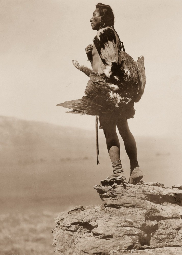 1908, A Hidatsa man with a captured eagle.