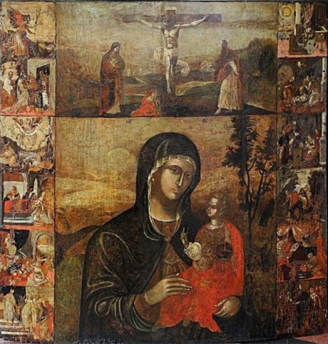 benkovačka ikona bogorodice utešiteljke, uokvirena sa tri strane sa dvanaest scena iz mariološkog ciklusa (1567?)