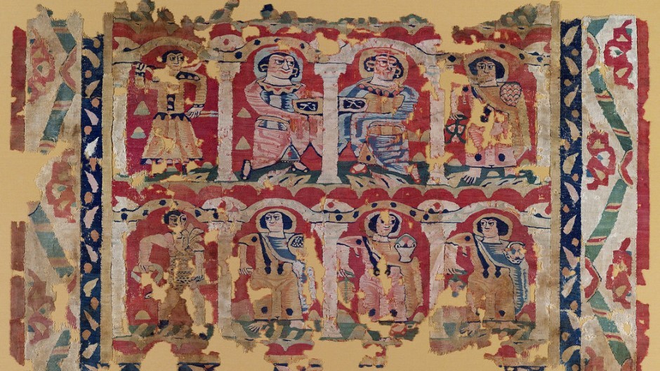a tapestry weave of dyed wools and undyed linen from Egypt, 6th to 8th Century a.d.