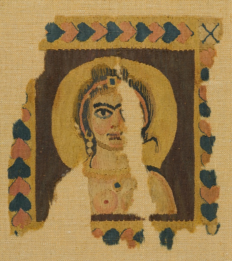 Square panel from a garment or furnishing with bust of a female figure, tapestry weave of dyed wools (and possibly undyed linen) (Egypt, 5th-6th century CE)