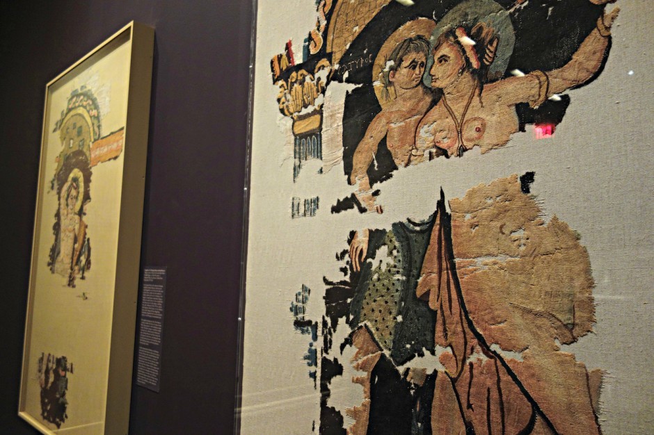 Fragments of a hanging representing a Satyr and Maenad, tapestry weave of dyed wools and undyed linen (Egypt, 4th century CE)