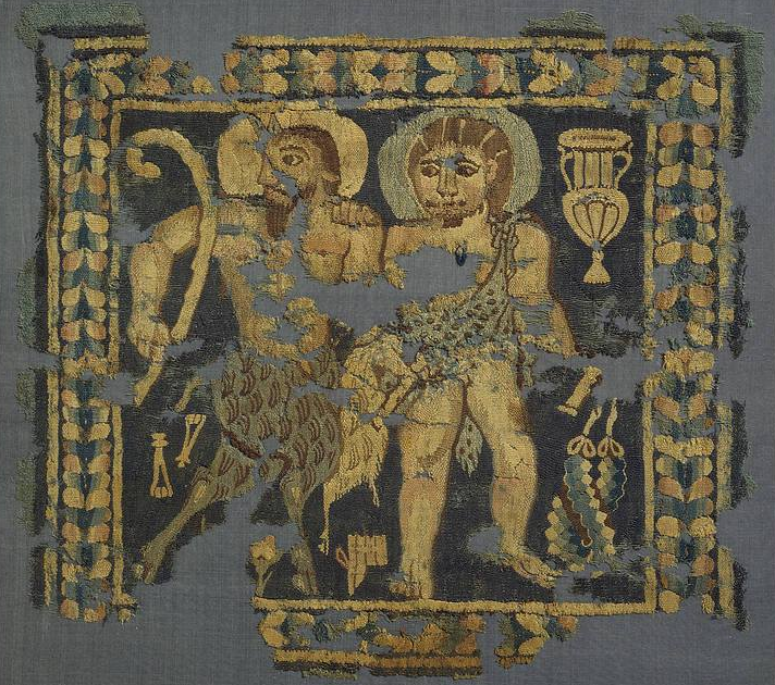 a decorative panel from furnishing representing Pan and Dyonysus from egypt, 4th-5th century a.d.
