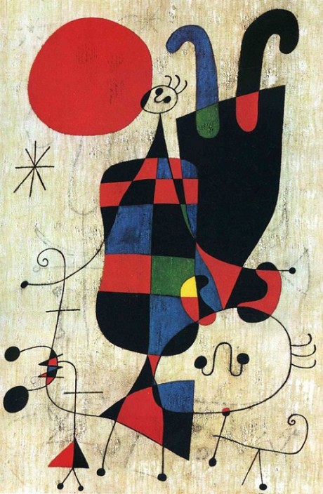 joan miro, figures and dog in front of the sun